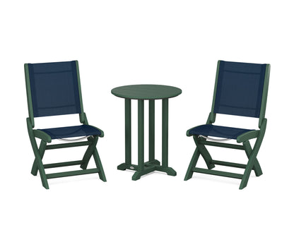 POLYWOOD® Coastal Folding Side Chair 3-Piece Round Bistro Dining Set in Green / Navy Blue Sling