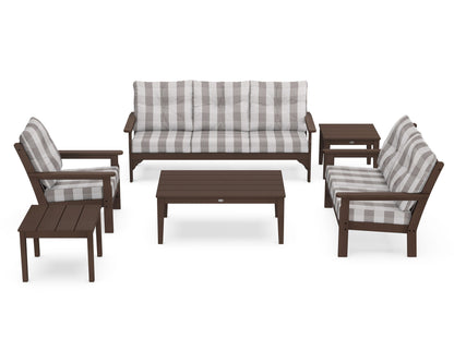 POLYWOOD® Vineyard 6-Piece Deep Seating Set in Mahogany / Buffalo Plaid Grey Mist