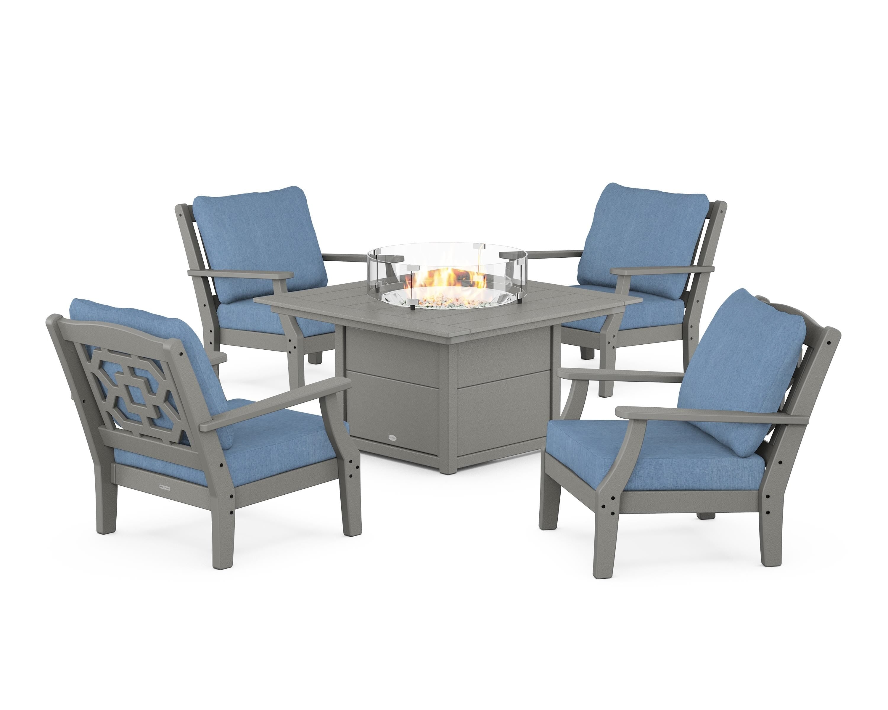 Martha Stewart by POLYWOOD® Chinoiserie 5-Piece Deep Seating Set with Fire Pit Table in Slate Grey / Sky Blue