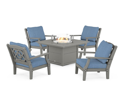Martha Stewart by POLYWOOD® Chinoiserie 5-Piece Deep Seating Set with Fire Pit Table in Slate Grey / Sky Blue