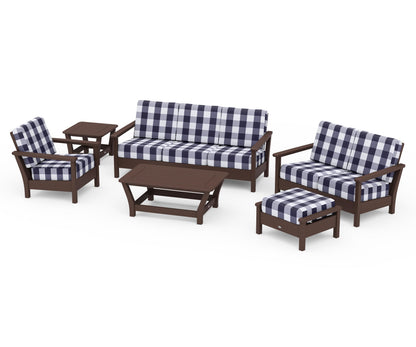 POLYWOOD® Harbour 6-Piece Outdoor Living Set in Mahogany / Buffalo Plaid Navy
