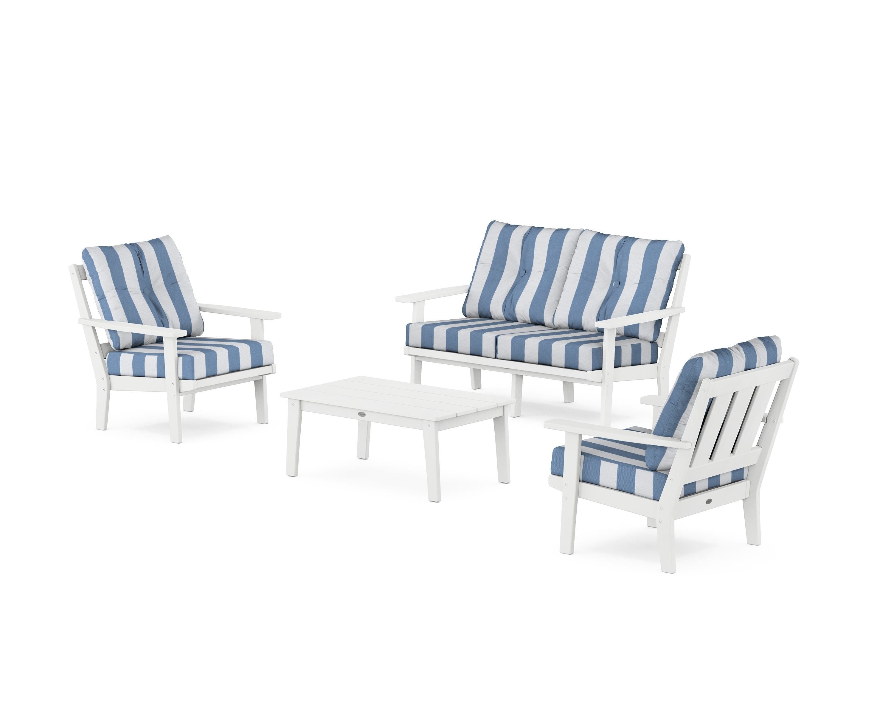 POLYWOOD® Oxford 4-Piece Deep Seating Set with Loveseat in White / Cabana Stripe Sky Blue