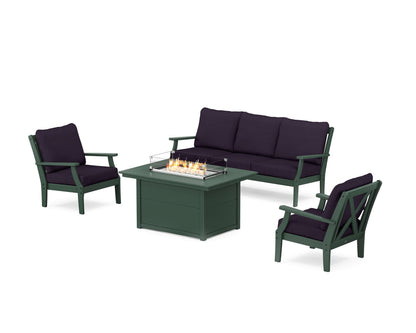 POLYWOOD® Braxton Deep Seating Fire Pit Table Set in Green / Navy Linen
