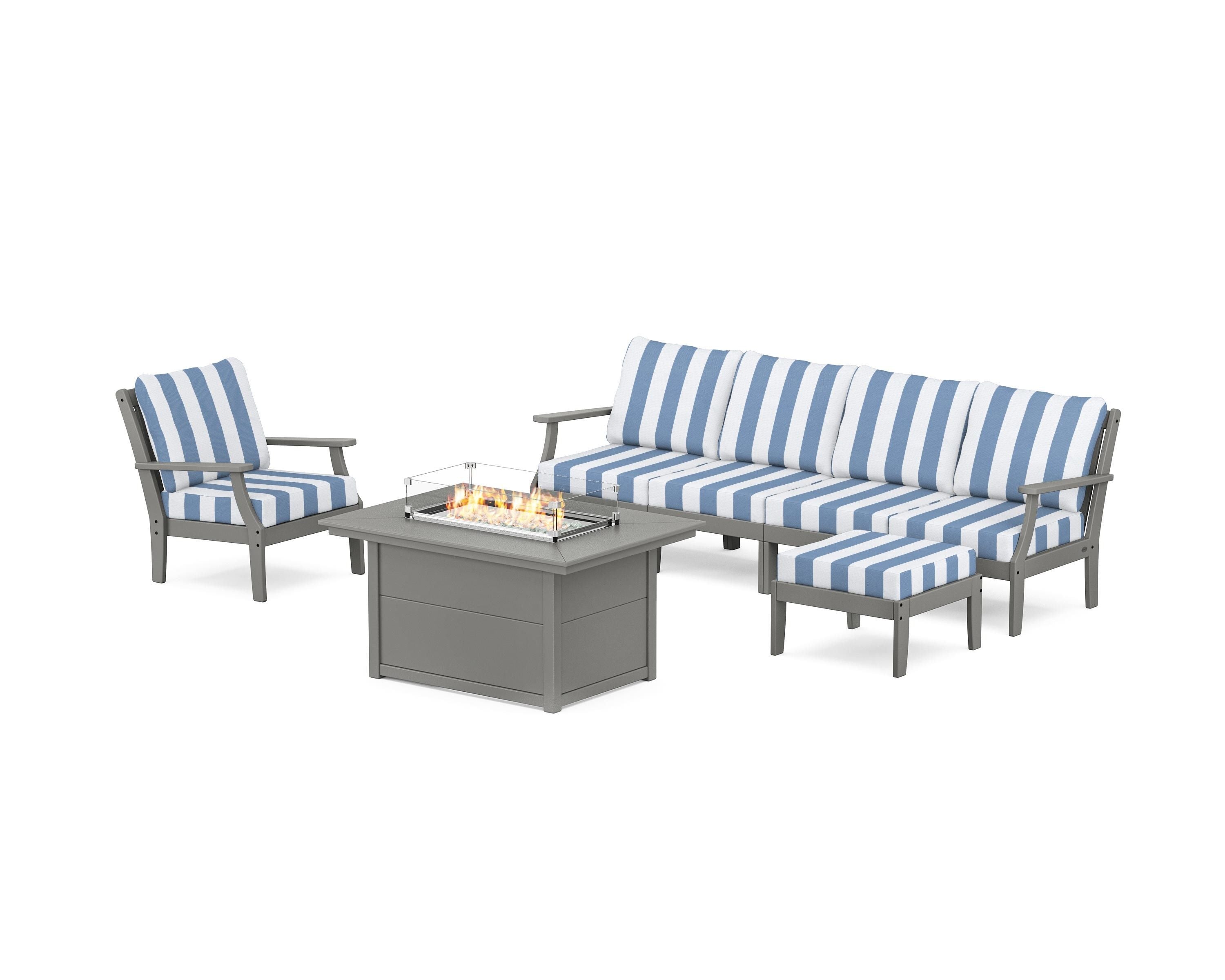 POLYWOOD® Braxton Sectional Lounge and Fire Pit Set in Slate Grey / Cabana Stripe Sky Blue
