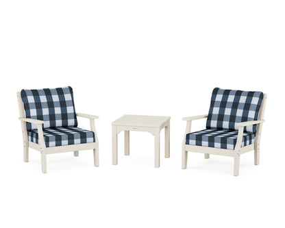 Martha Stewart by POLYWOOD® Chinoiserie 3-Piece Deep Seating Set in Sand / Buffalo Plaid Marine Indigo