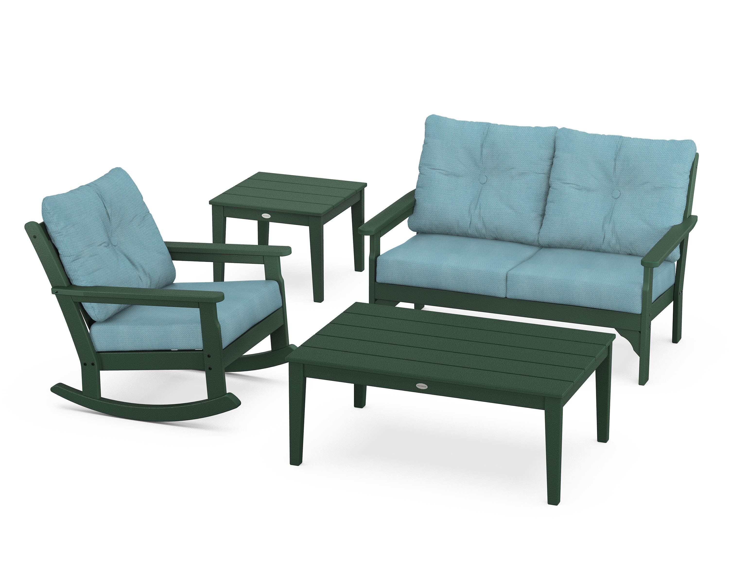 POLYWOOD® Vineyard 4-Piece Deep Seating Rocker Set in Green / Lattice Sky Blue