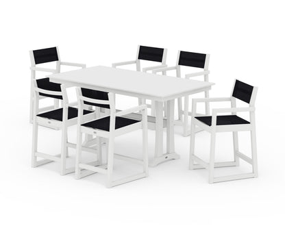 POLYWOOD® EDGE Sling Arm Chair 7-Piece Farmhouse Counter Set with Trestle Legs in White / Black Sling