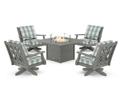 Country Living Wovendale 5-Piece Deep Seating Swivel Conversation Set with Fire Pit Table in Slate Grey / Buffalo Plaid Glacier Spa