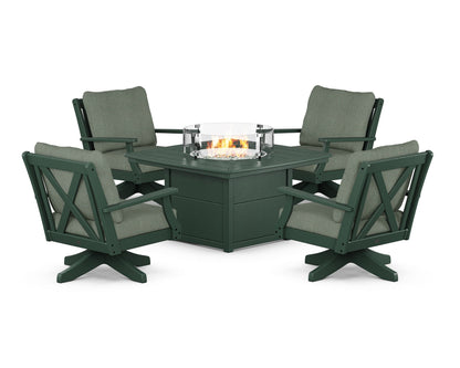 POLYWOOD® Braxton 5-Piece Deep Seating Swivel Conversation Set with Fire Pit Table in Green / Cast Sage