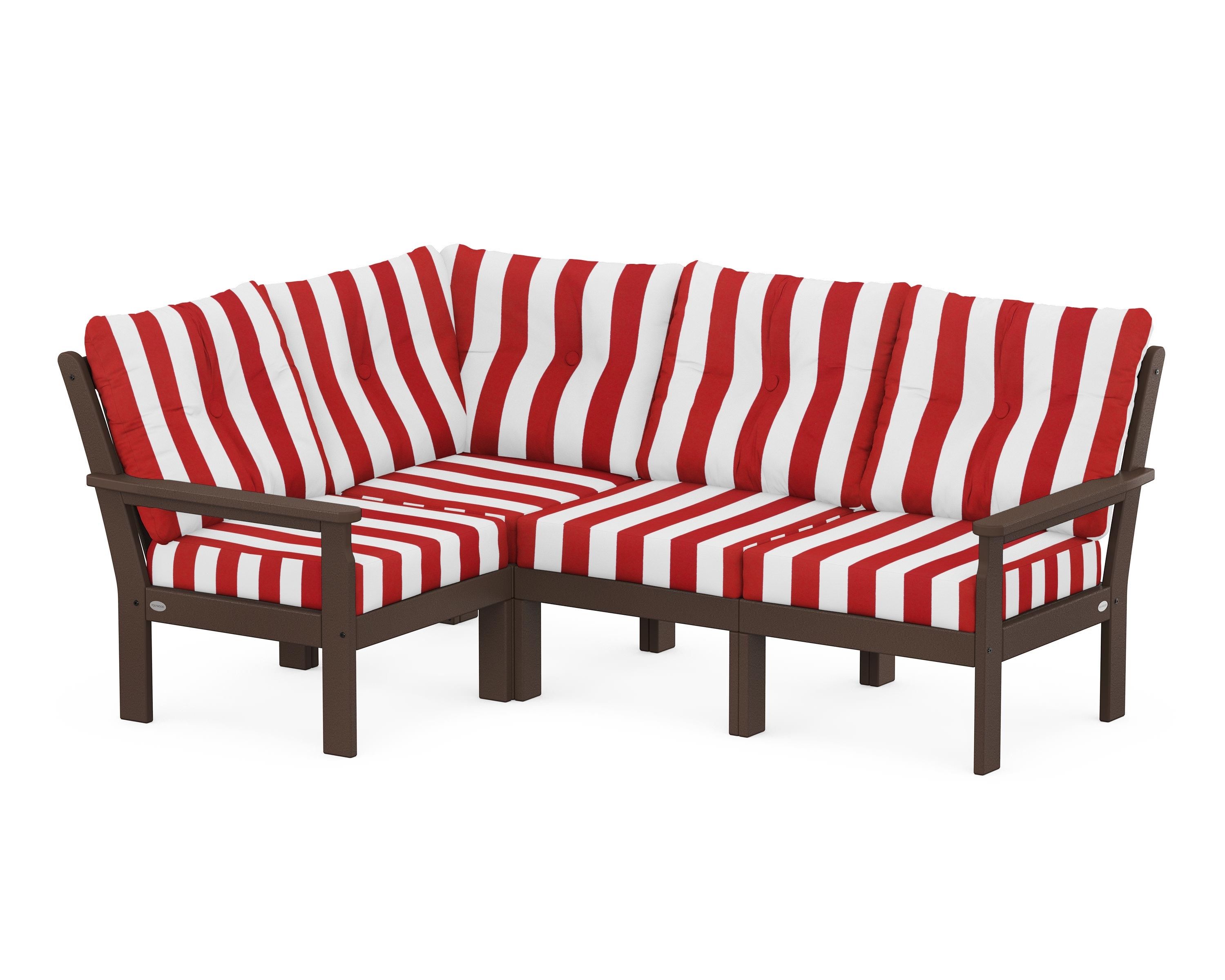 POLYWOOD® Vineyard 4-Piece Sectional in Mahogany / Cabana Stripe Crimson