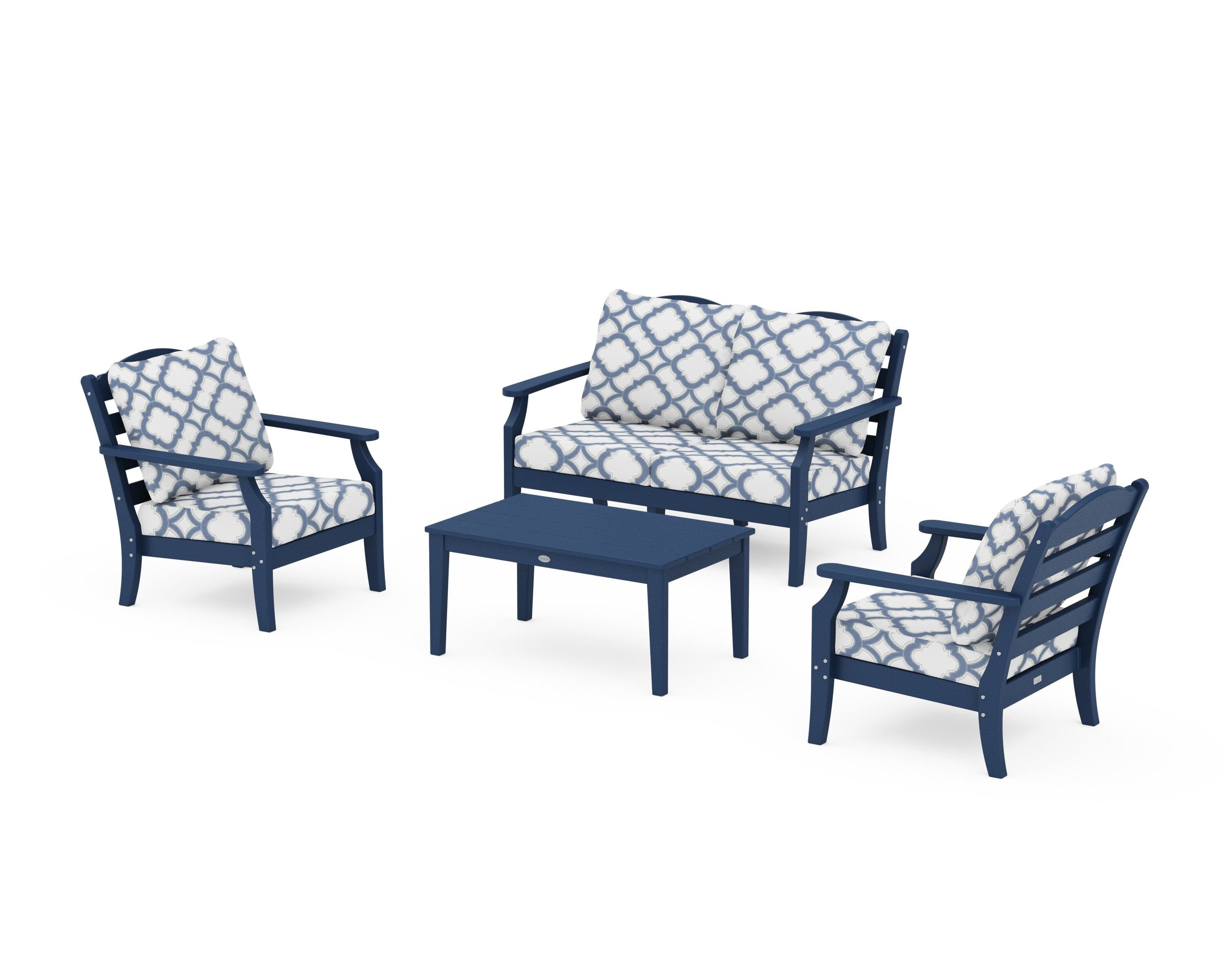 Draper James™ by  POLYWOOD® Savannah 4-Piece Deep Seating Set with Loveseat in Navy / Trellis Sky Blue