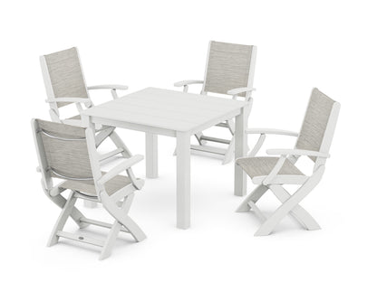 POLYWOOD® Coastal Folding Chair 5-Piece Parsons Dining Set in White / Birch Sling