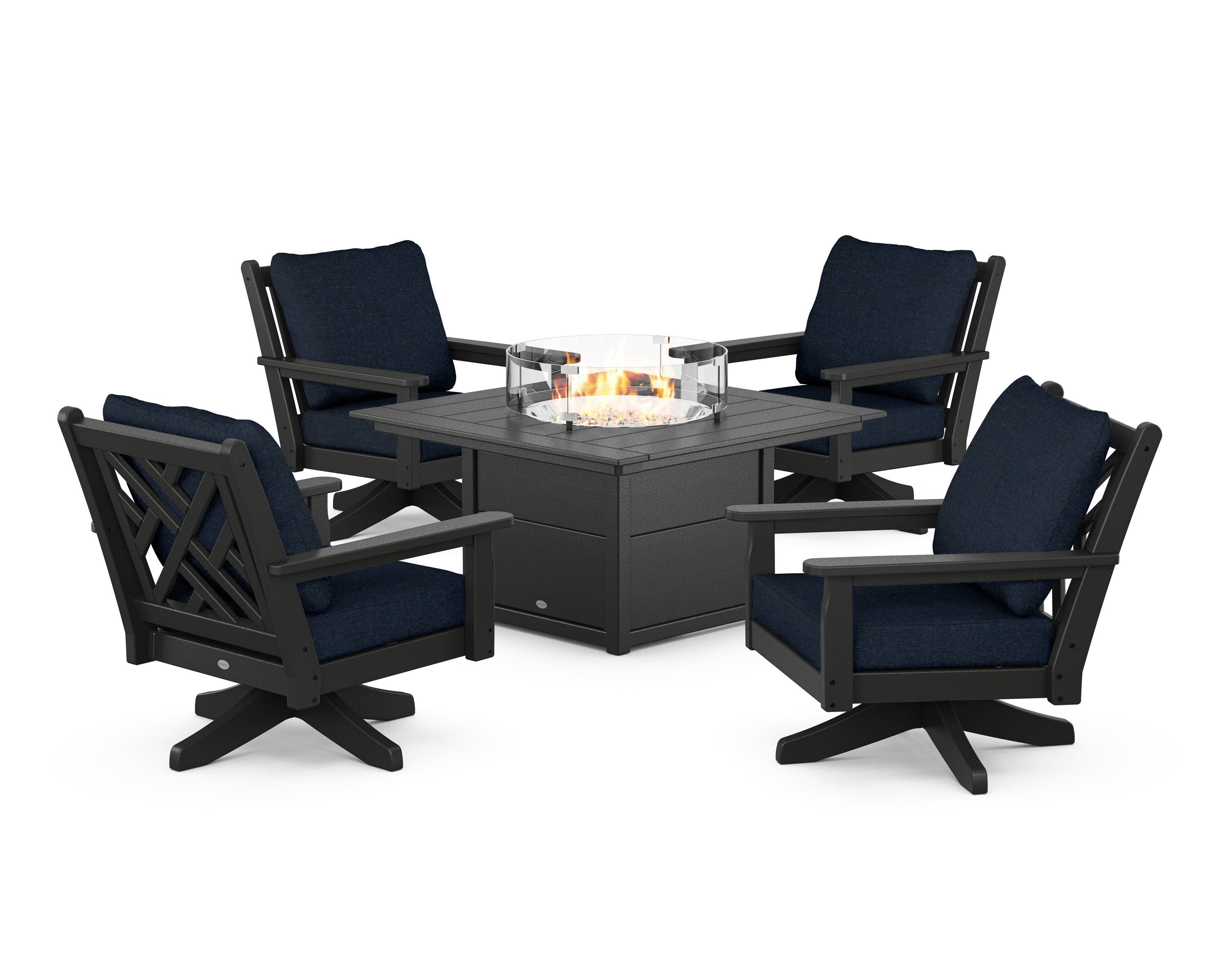 POLYWOOD® Chippendale 5-Piece Deep Seating Swivel Conversation Set with Fire Pit Table in Black / Marine Indigo