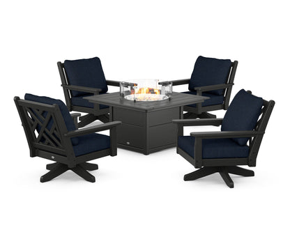 POLYWOOD® Chippendale 5-Piece Deep Seating Swivel Conversation Set with Fire Pit Table in Black / Marine Indigo