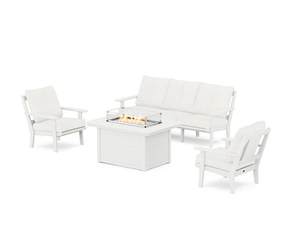 POLYWOOD® Prairie Deep Seating Fire Pit Table Set in White / Natural Linen