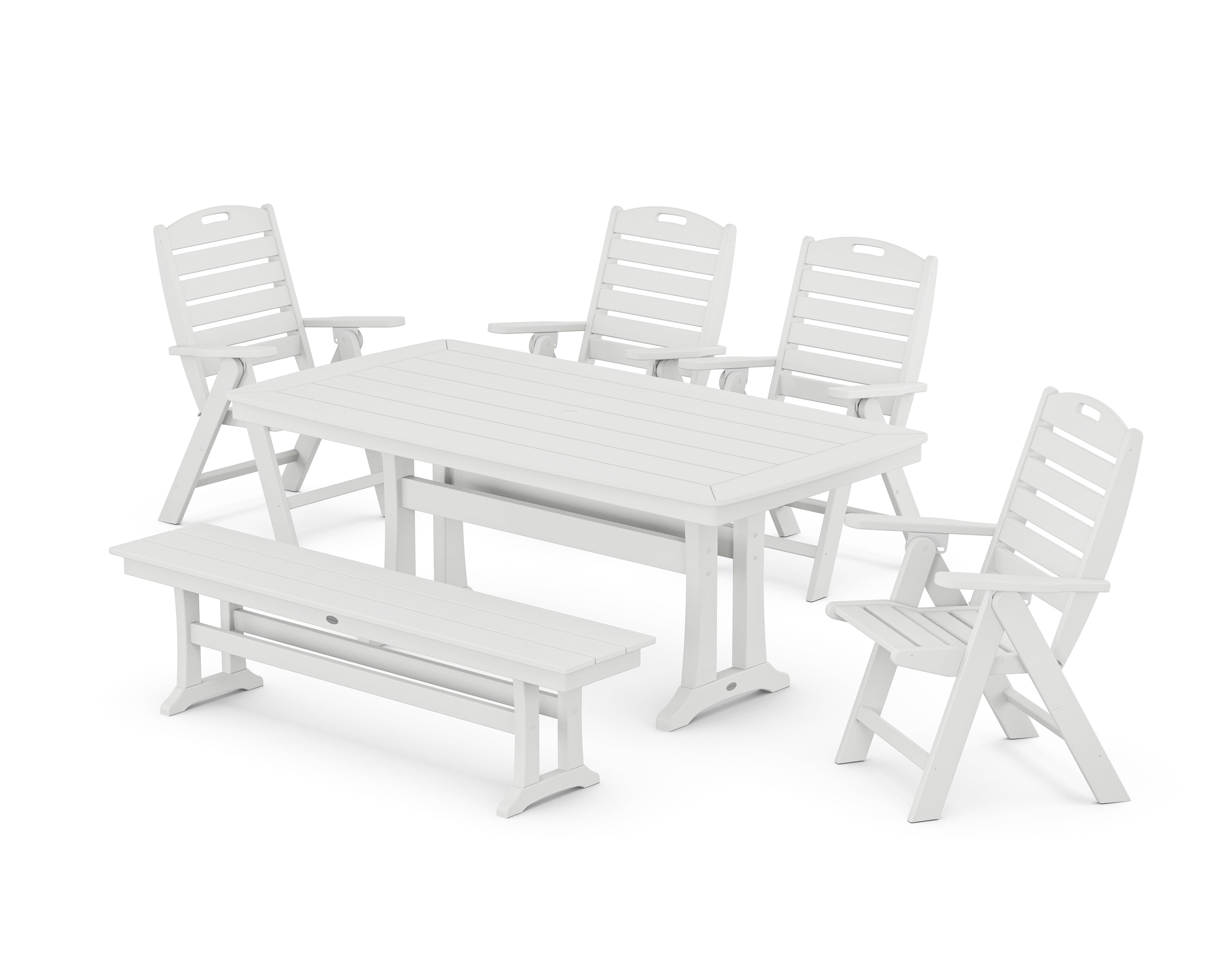 POLYWOOD® Nautical Highback 6-Piece Dining Set with Trestle Legs and Bench in White