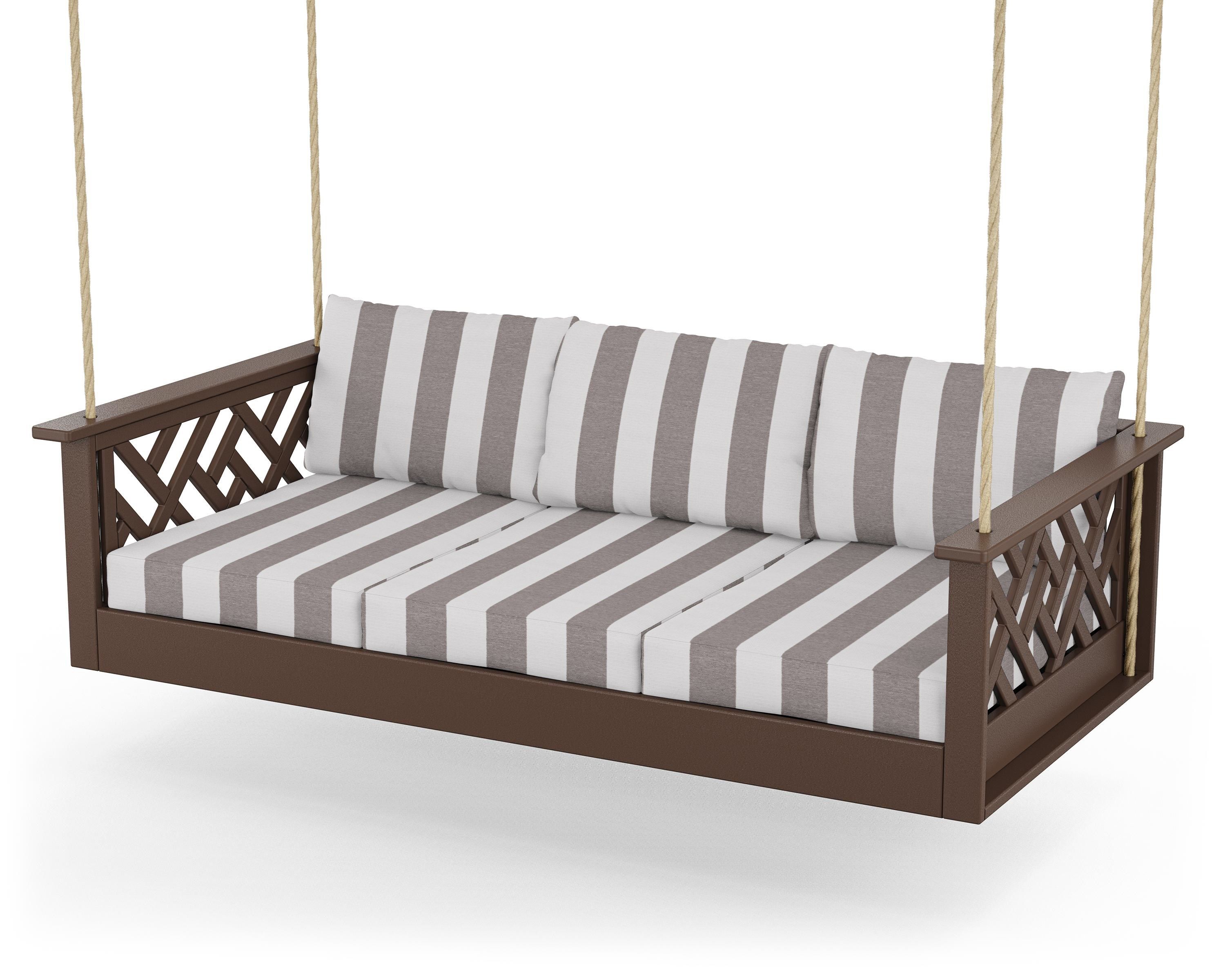 POLYWOOD® Chippendale Daybed Swing in Mahogany / Cabana Stripe Grey Mist