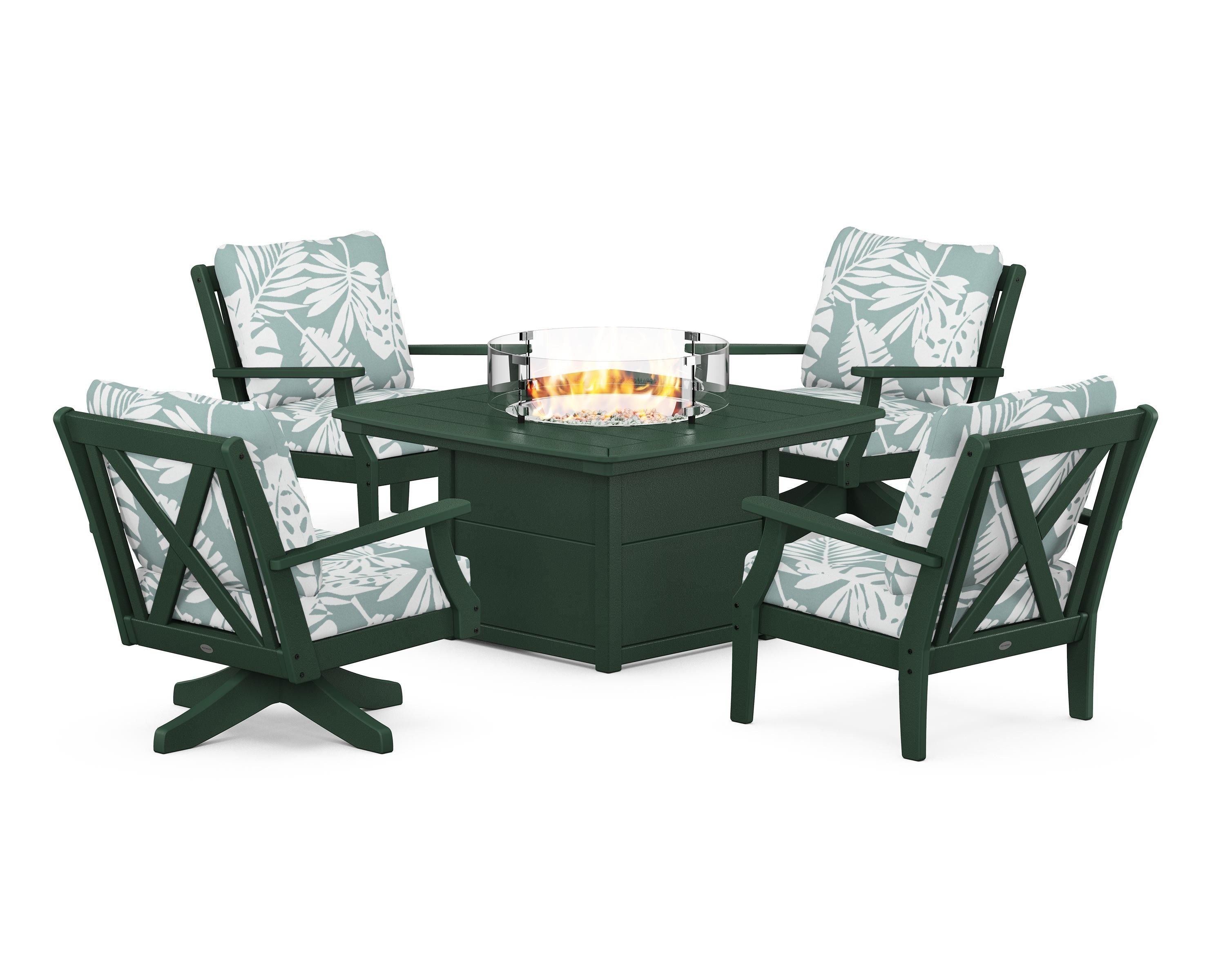 POLYWOOD® Braxton 5-Piece Deep Seating Set with Fire Table in Green / Leaf Glacier Spa