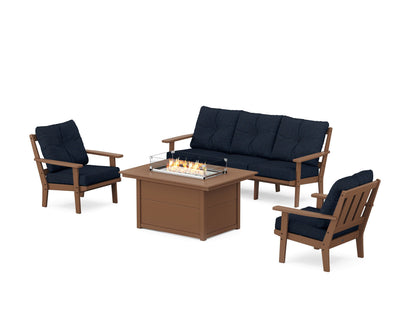 POLYWOOD® Oxford Deep Seating Fire Pit Table Set in Teak / Marine Indigo