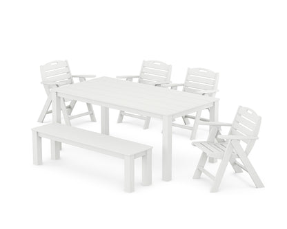 POLYWOOD® Nautical Folding Lowback Chair 6-Piece Parsons Dining Set with Bench in White