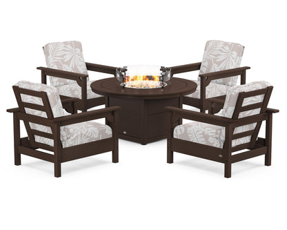 POLYWOOD® Club 5-Piece Conversation Set with Fire Pit Table in Mahogany / Leaf Dune Burlap