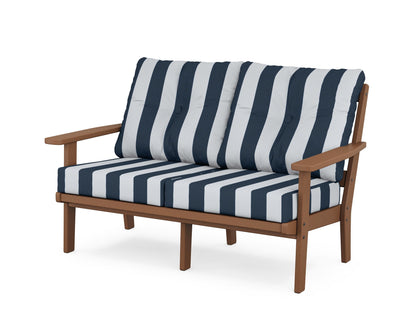 POLYWOOD® Prairie Deep Seating Loveseat in Teak / Cabana Stripe Marine Indigo