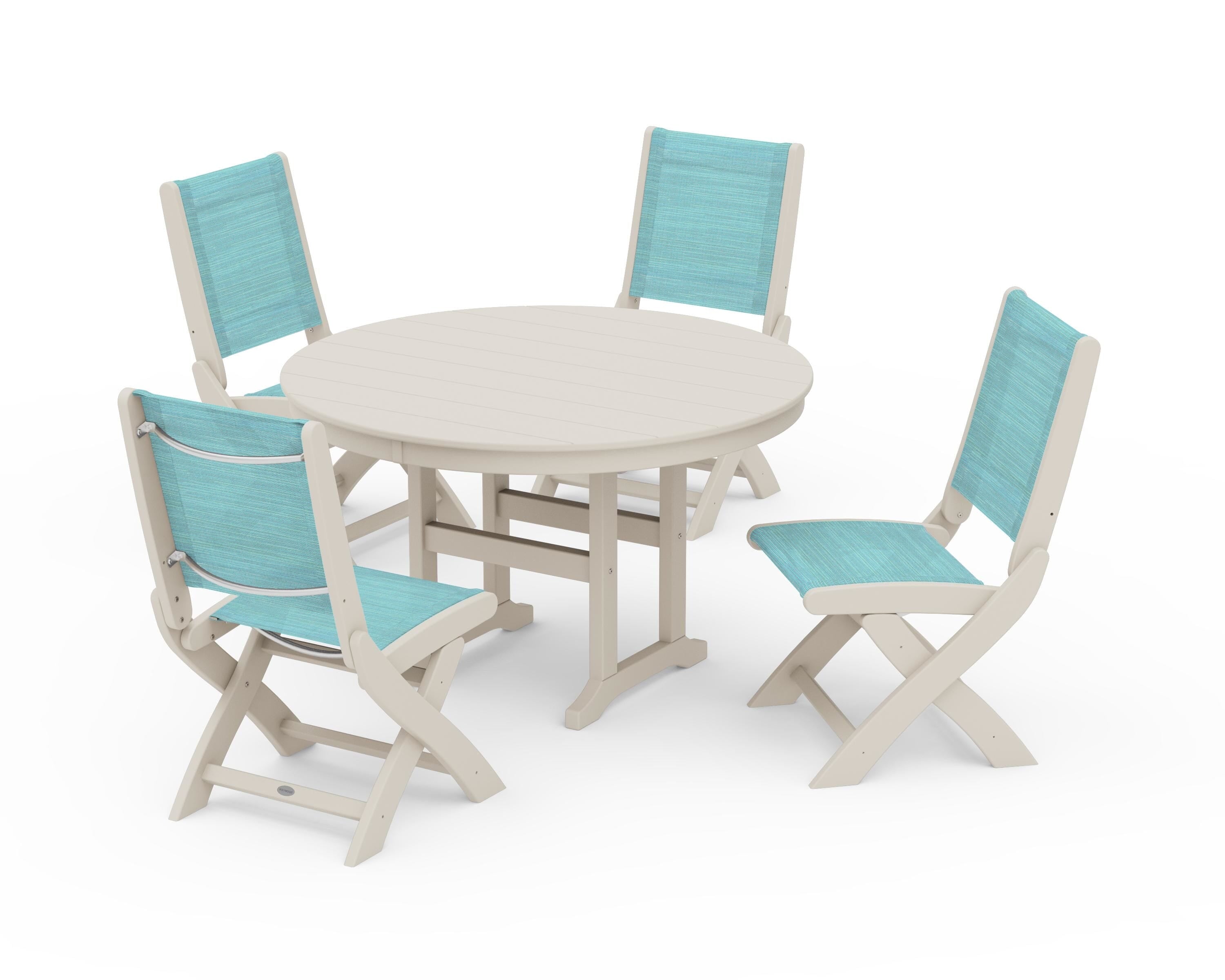 POLYWOOD® Coastal Folding Side Chair 5-Piece Round Dining Set in Sand / Dupioni Aquamarine Sling