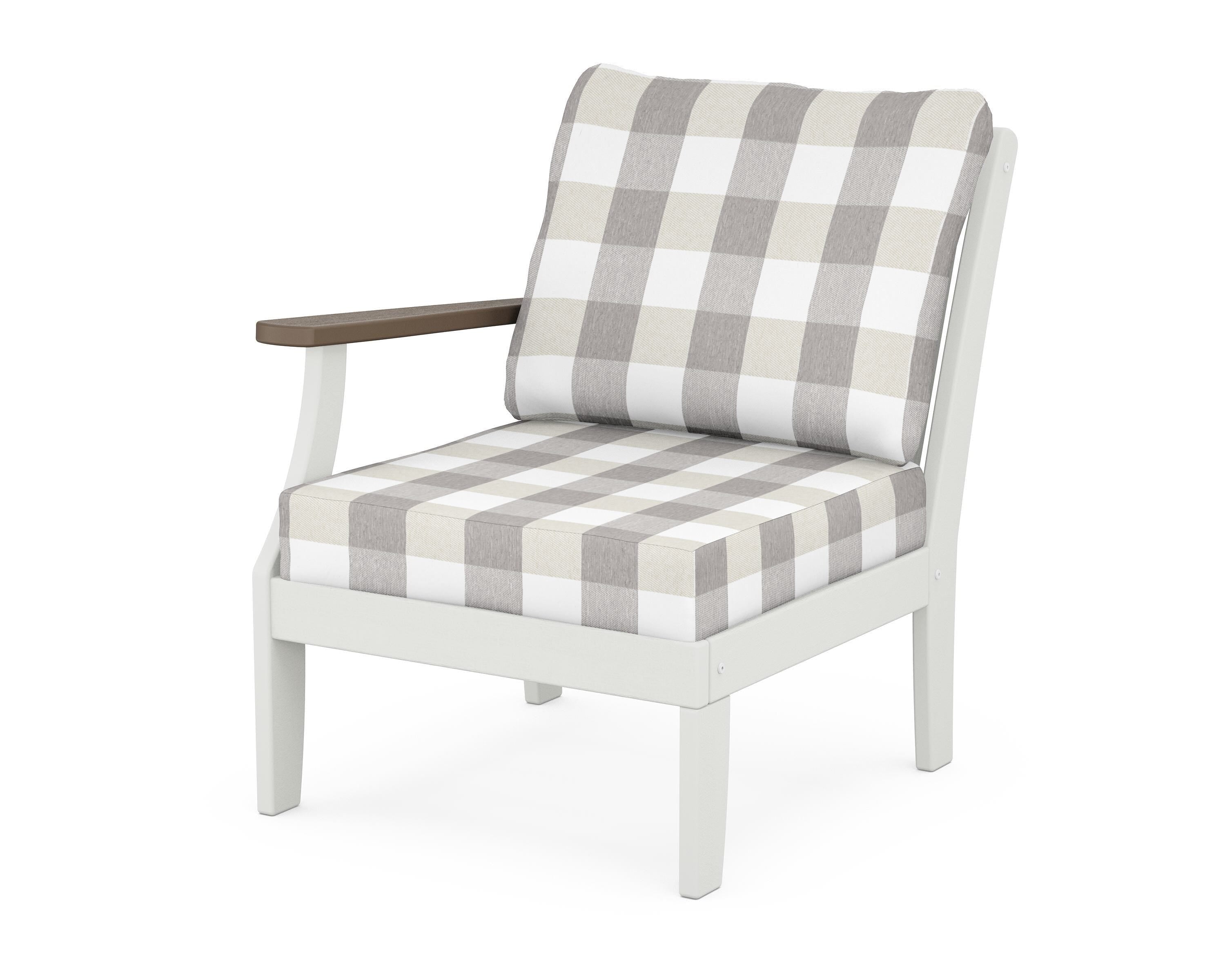 POLYWOOD® Braxton Modular Left Arm Chair in White / Kona / Buffalo Plaid Grey Mist