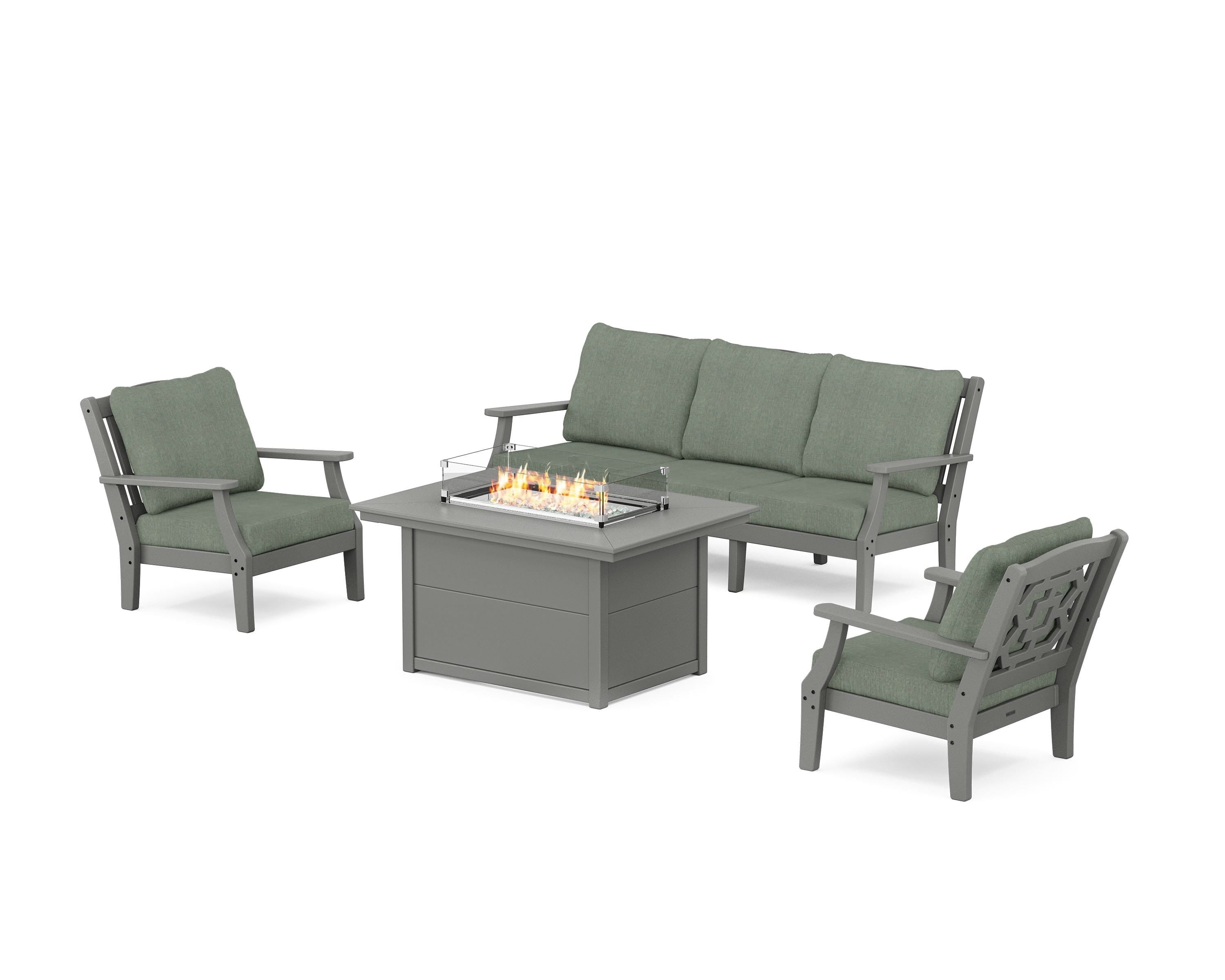 Martha Stewart by POLYWOOD® Chinoiserie Deep Seating Fire Pit Table Set in Slate Grey / Cast Sage