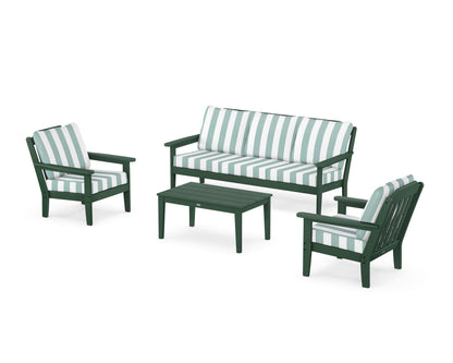 Country Living Cottage 4-Piece Deep Seating Set with Sofa in Green / Cabana Stripe Glacier Spa