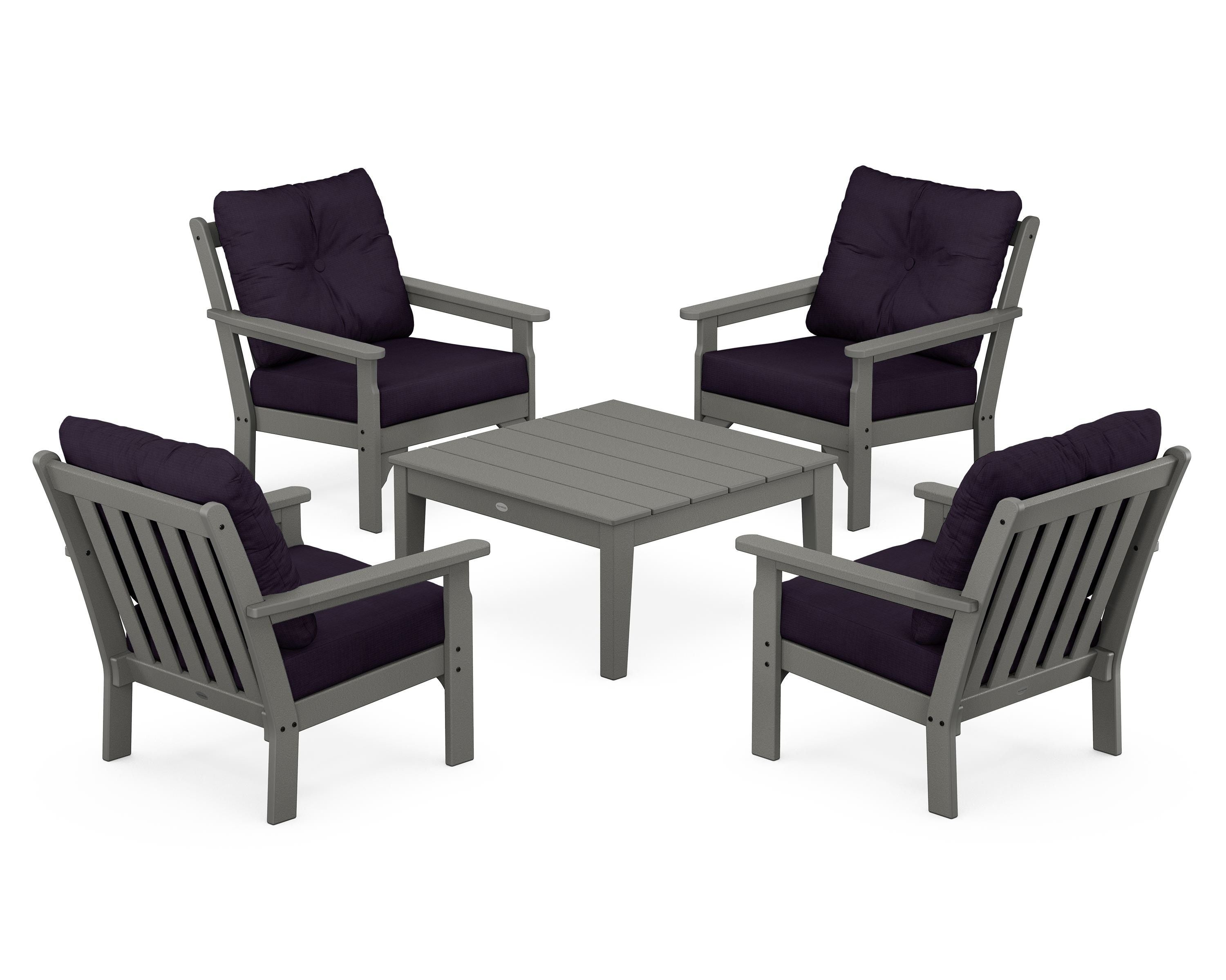 POLYWOOD® Vineyard 5-Piece Deep Seating Conversation Set in Slate Grey / Navy Linen