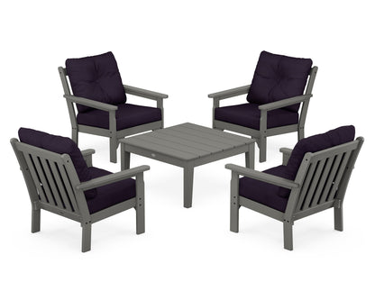 POLYWOOD® Vineyard 5-Piece Deep Seating Conversation Set in Slate Grey / Navy Linen