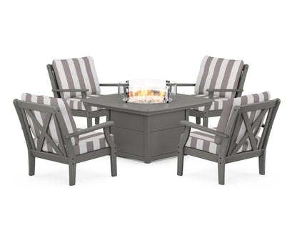 POLYWOOD® Braxton 5-Piece Deep Seating Conversation Set with Fire Pit Table in Slate Grey / Cabana Stripe Grey Mist