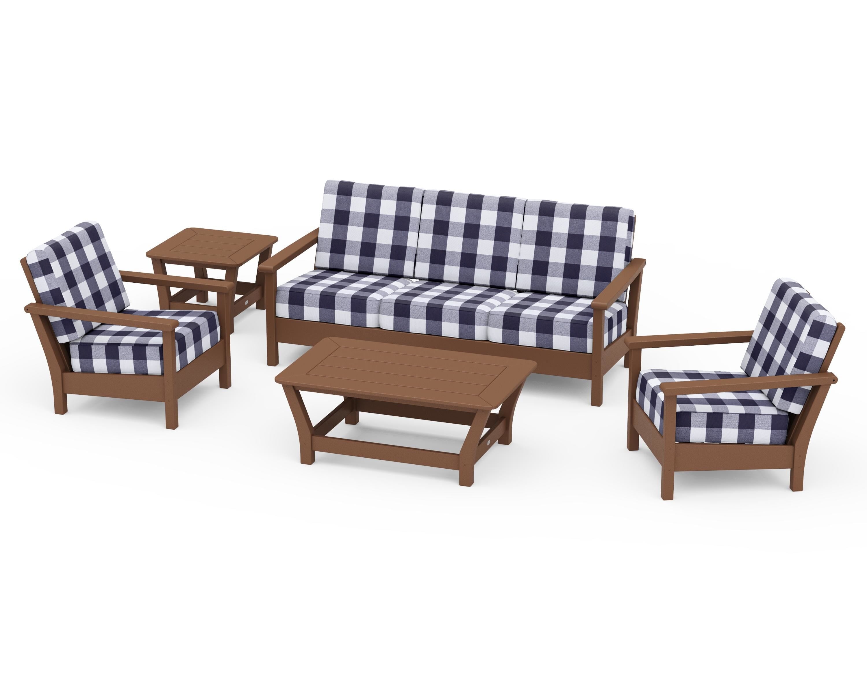 POLYWOOD® Harbour 5-Piece Deep Seating Set in Teak / Buffalo Plaid Navy