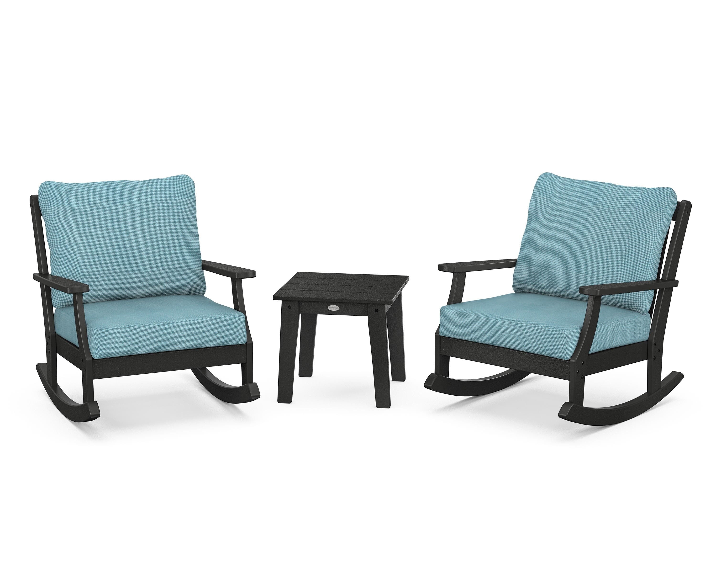 POLYWOOD® Braxton 3-Piece Deep Seating Rocker Set in Black / Lattice Sky Blue
