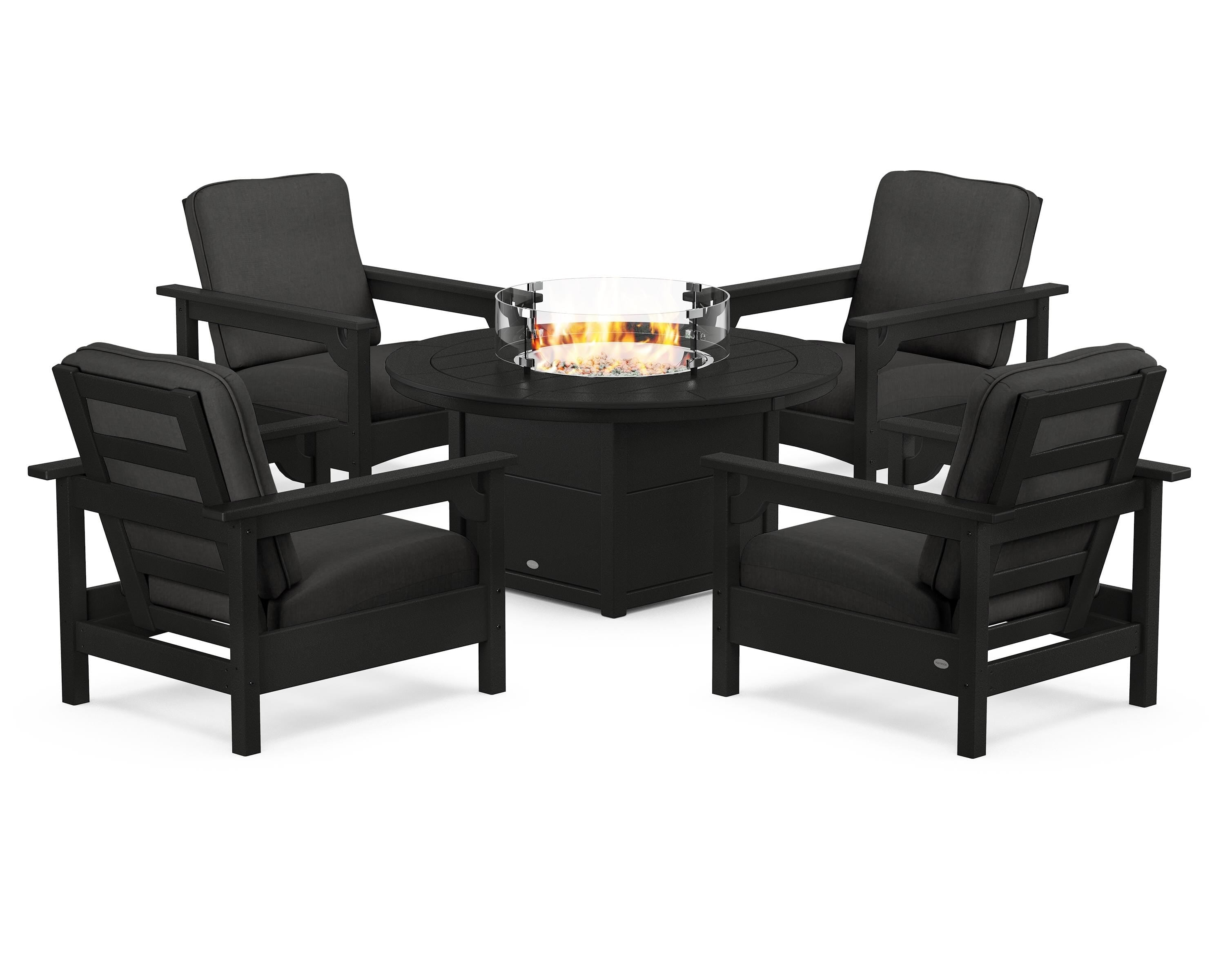 POLYWOOD® Club 5-Piece Conversation Set with Fire Pit Table in Black / Spectrum Carbon