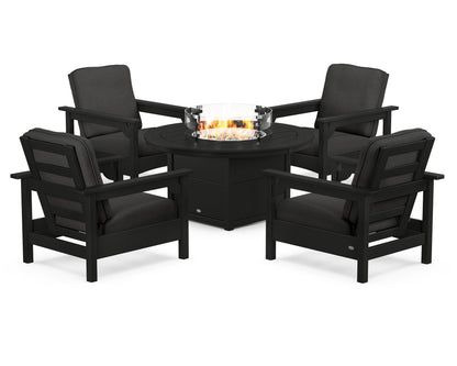 POLYWOOD® Club 5-Piece Conversation Set with Fire Pit Table in Black / Spectrum Carbon