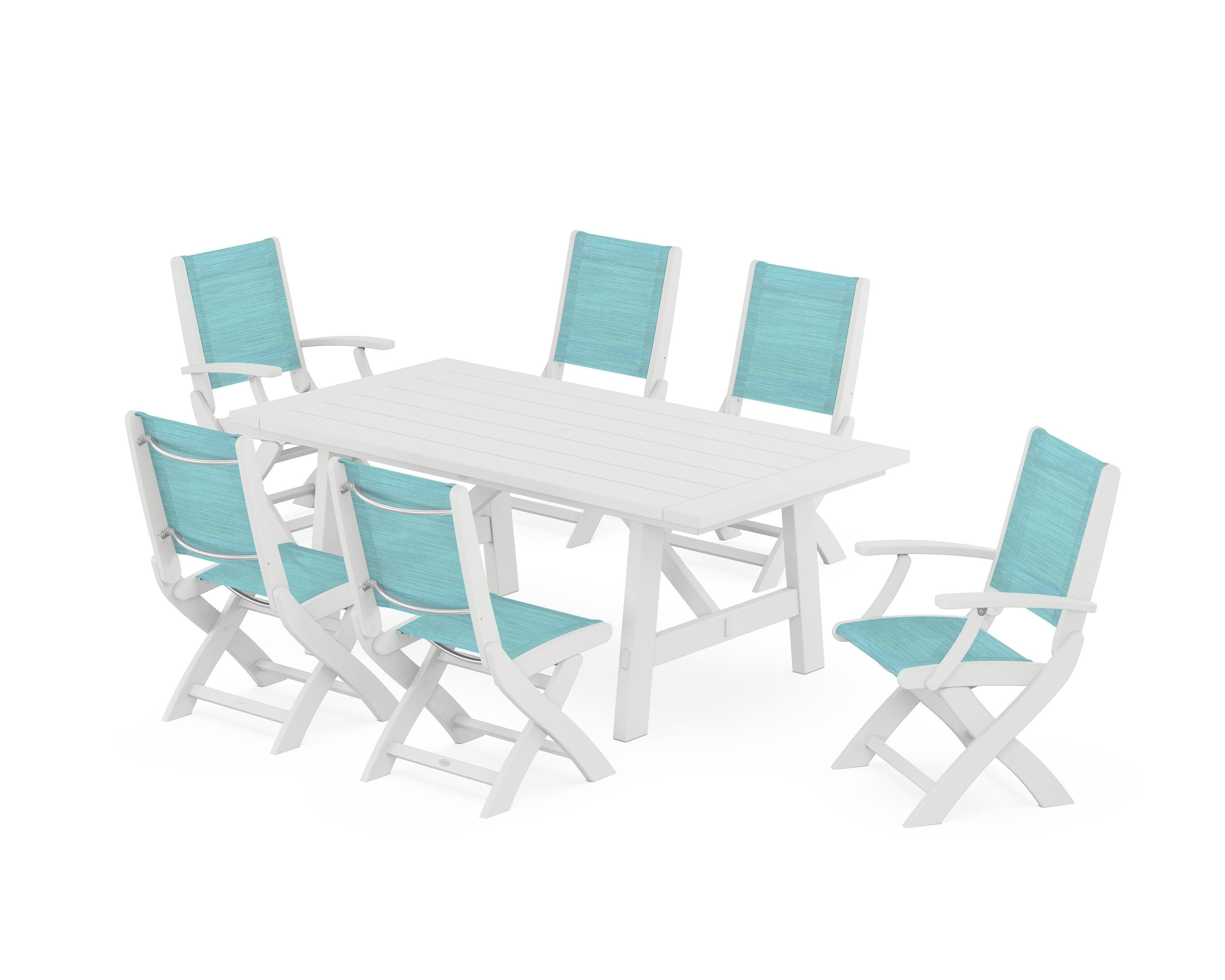 POLYWOOD® Coastal Folding Chair 7-Piece Rustic Farmhouse Dining Set in White / Dupioni Aquamarine Sling
