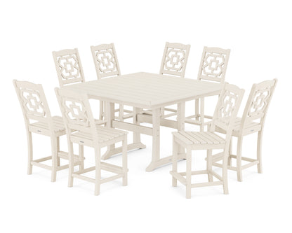Martha Stewart by POLYWOOD® Chinoiserie 9-Piece Square Side Chair Counter Set with Trestle Legs in Sand
