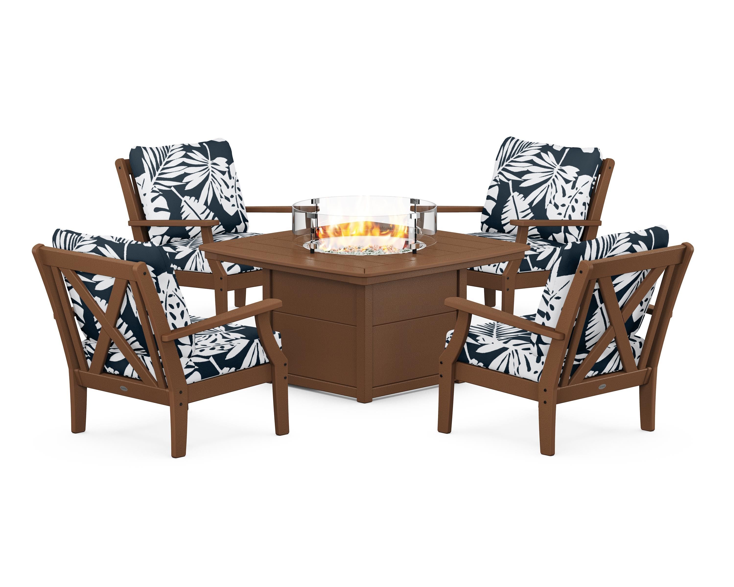 POLYWOOD® Braxton 5-Piece Deep Seating Conversation Set with Fire Pit Table in Teak / Leaf Marine Indigo