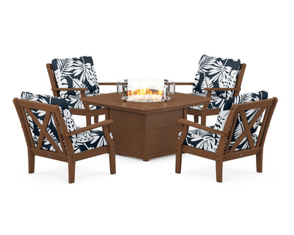POLYWOOD® Braxton 5-Piece Deep Seating Conversation Set with Fire Pit Table in Teak / Leaf Marine Indigo