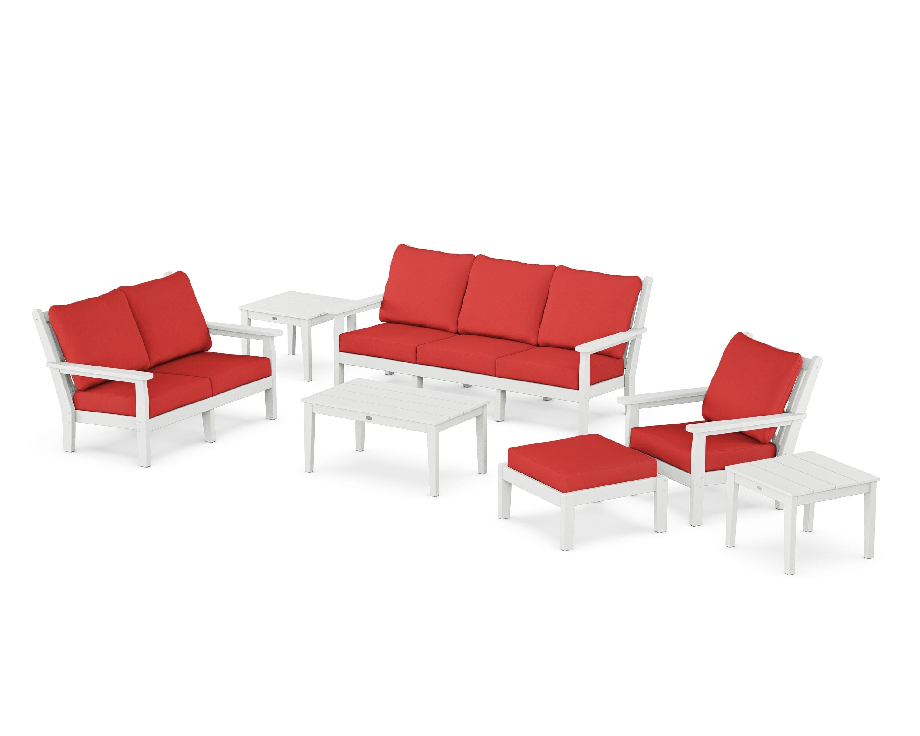 POLYWOOD® Chippendale 7-Piece Deep Seating Set in White / Crimson Linen