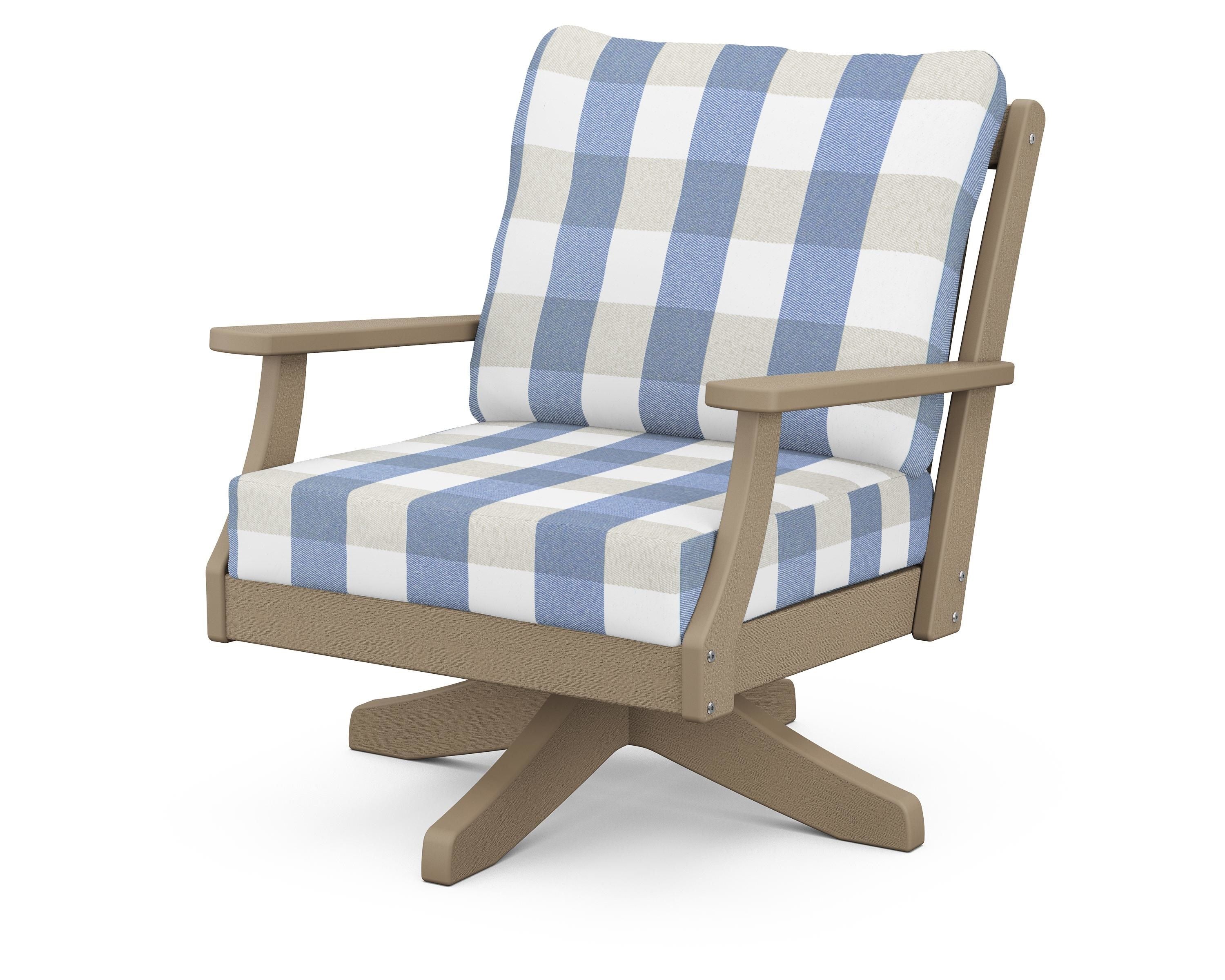 POLYWOOD® Braxton Deep Seating Swivel Chair in Vintage Sahara / Buffalo Plaid Sky Blue