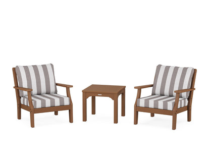 Martha Stewart by POLYWOOD® Chinoiserie 3-Piece Deep Seating Set in Teak / Cabana Stripe Grey Mist