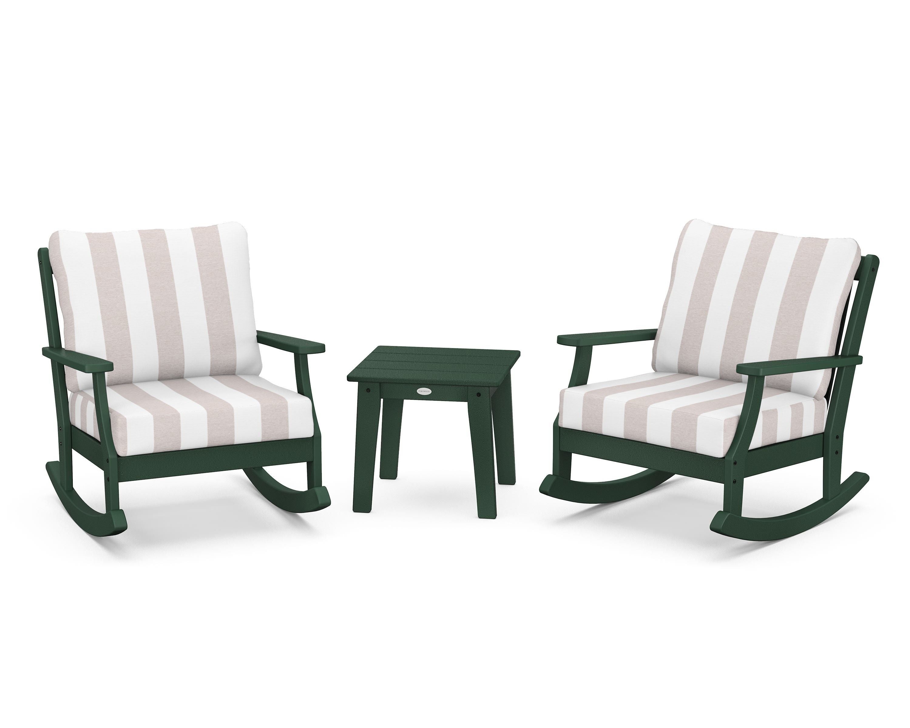 POLYWOOD® Braxton 3-Piece Deep Seating Rocker Set in Green / Cabana Stripe Dune Burlap