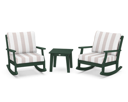 POLYWOOD® Braxton 3-Piece Deep Seating Rocker Set in Green / Cabana Stripe Dune Burlap