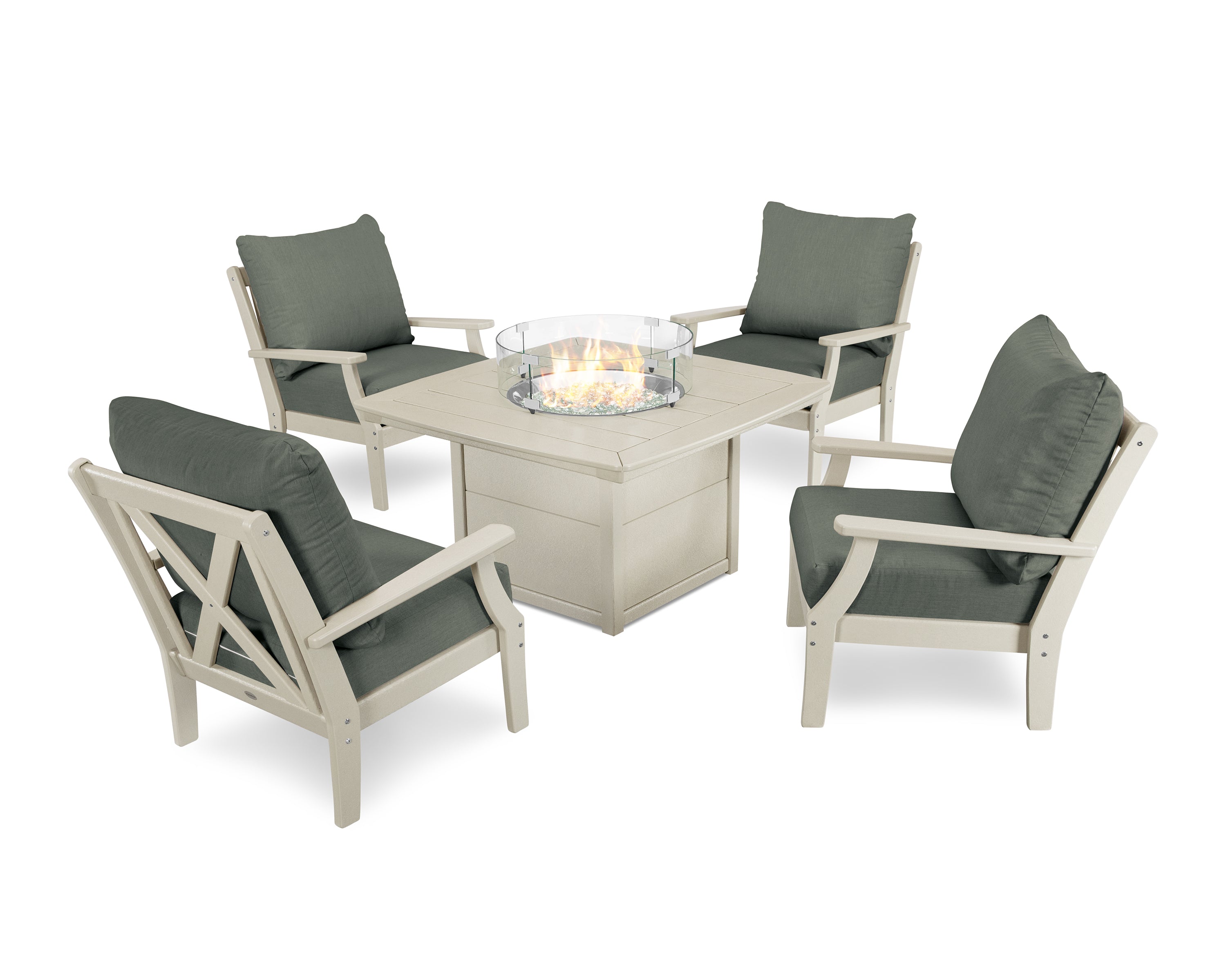 POLYWOOD® Braxton 5-Piece Deep Seating Conversation Set with Fire Pit Table in Sand / Cast Sage