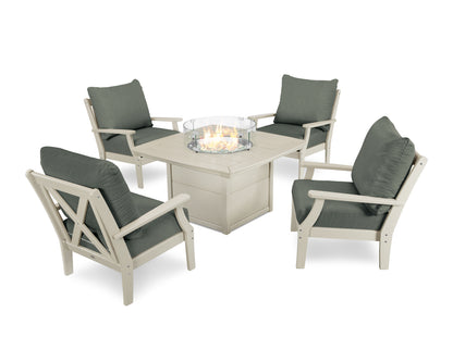 POLYWOOD® Braxton 5-Piece Deep Seating Conversation Set with Fire Pit Table in Sand / Cast Sage