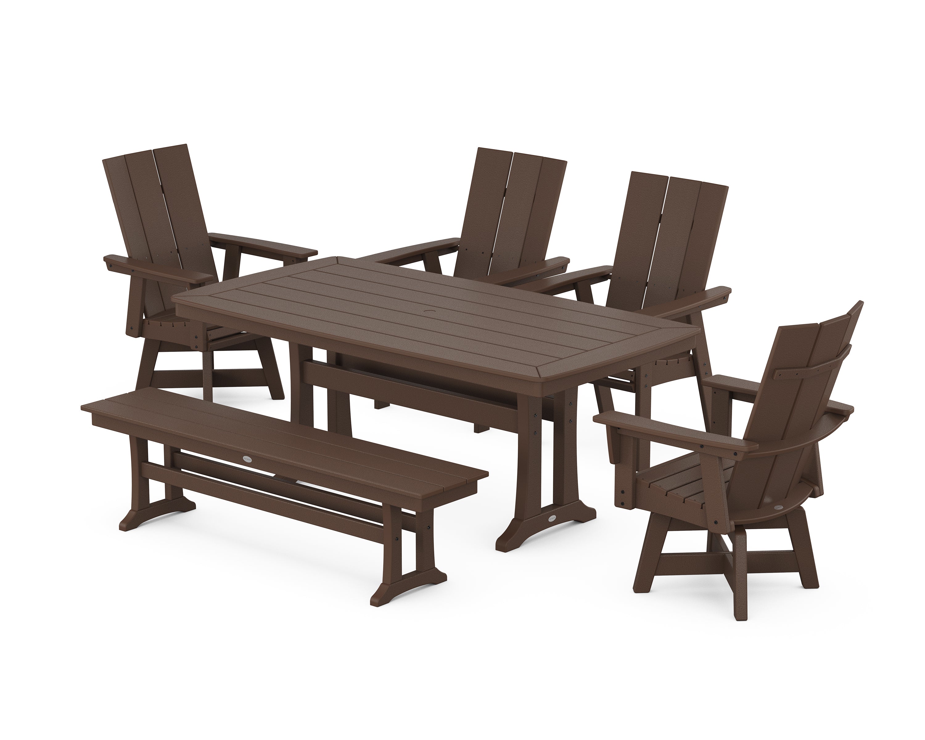POLYWOOD® Modern Curveback Adirondack Swivel Chair 6-Piece Dining Set with Trestle Legs and Bench in Mahogany
