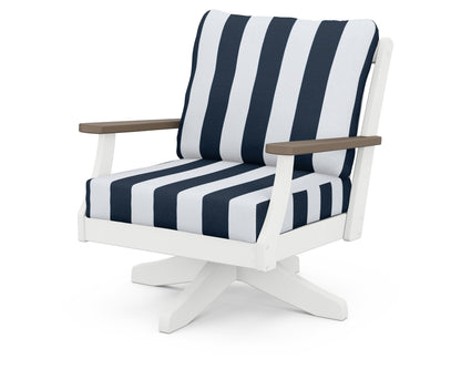 POLYWOOD® Braxton Deep Seating Swivel Chair in White / Kona / Cabana Stripe Marine Indigo